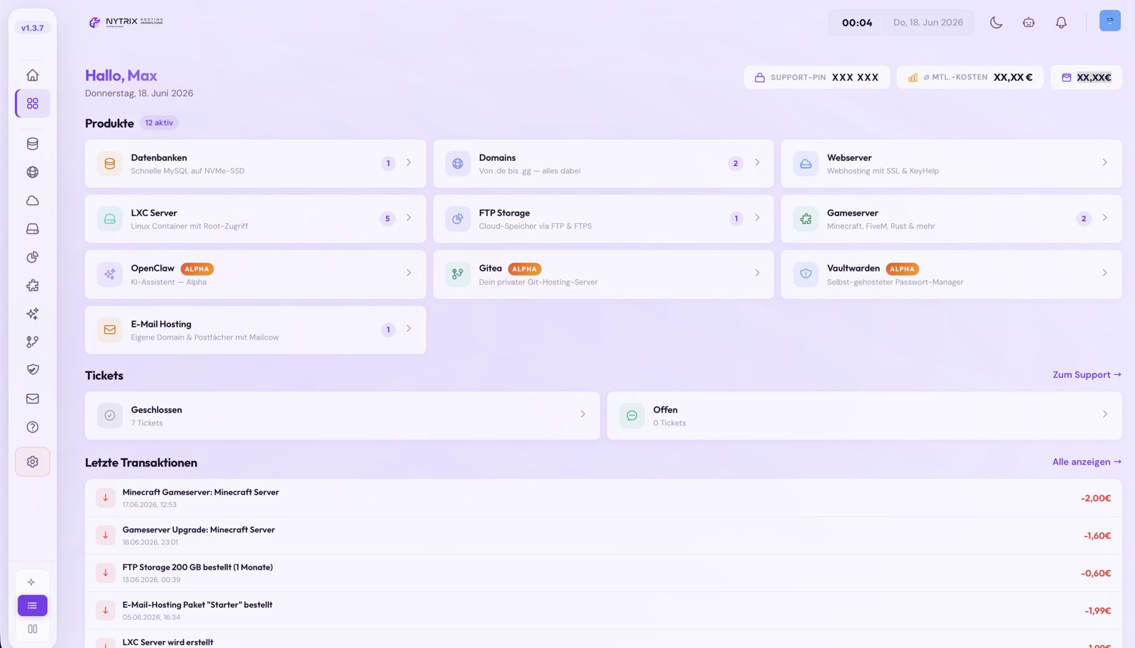 Das Nytrix-Dashboard: Produkte, Tickets und Transaktionen auf einen Blick